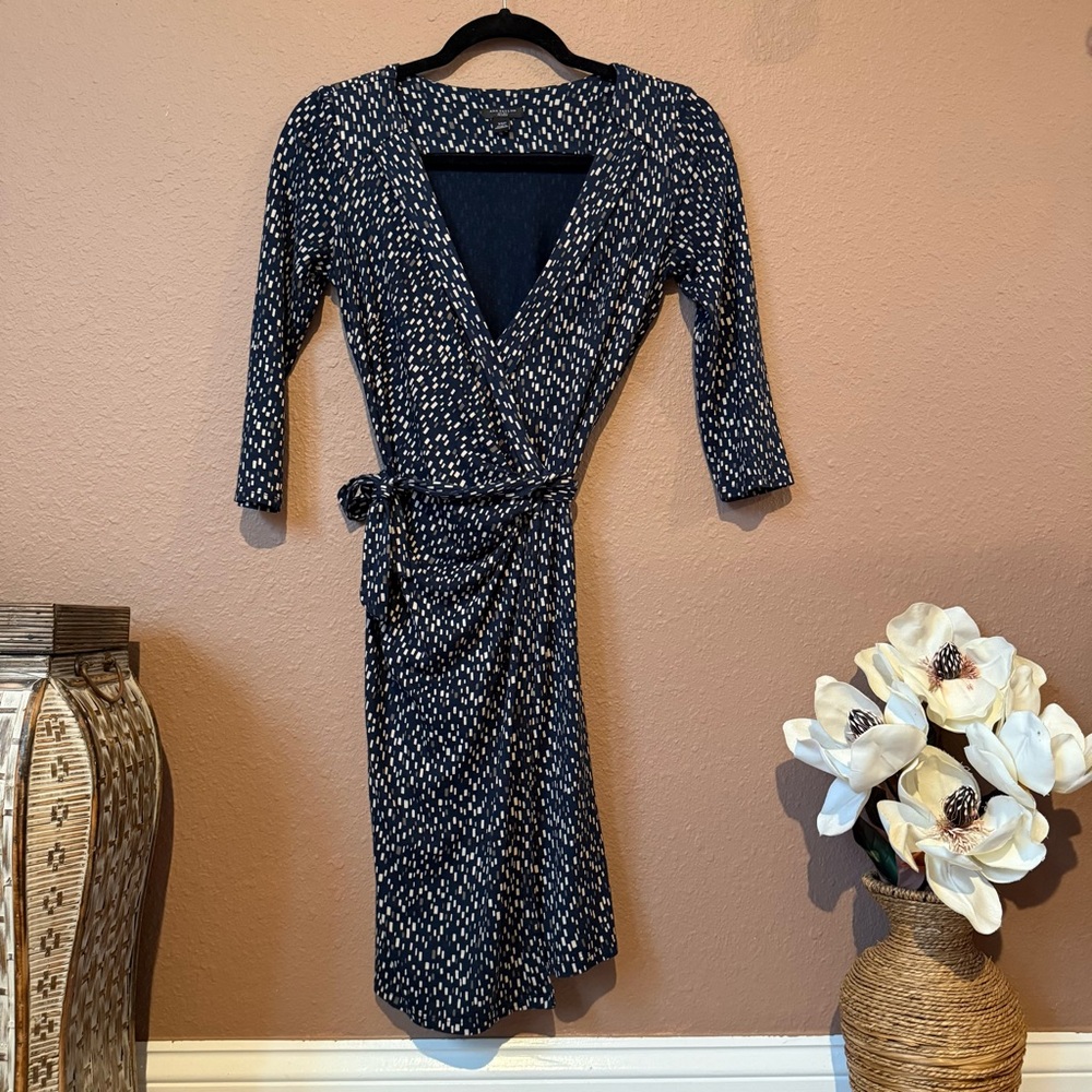Ann Taylor Navy and White Patterned Long Sleeve Dress